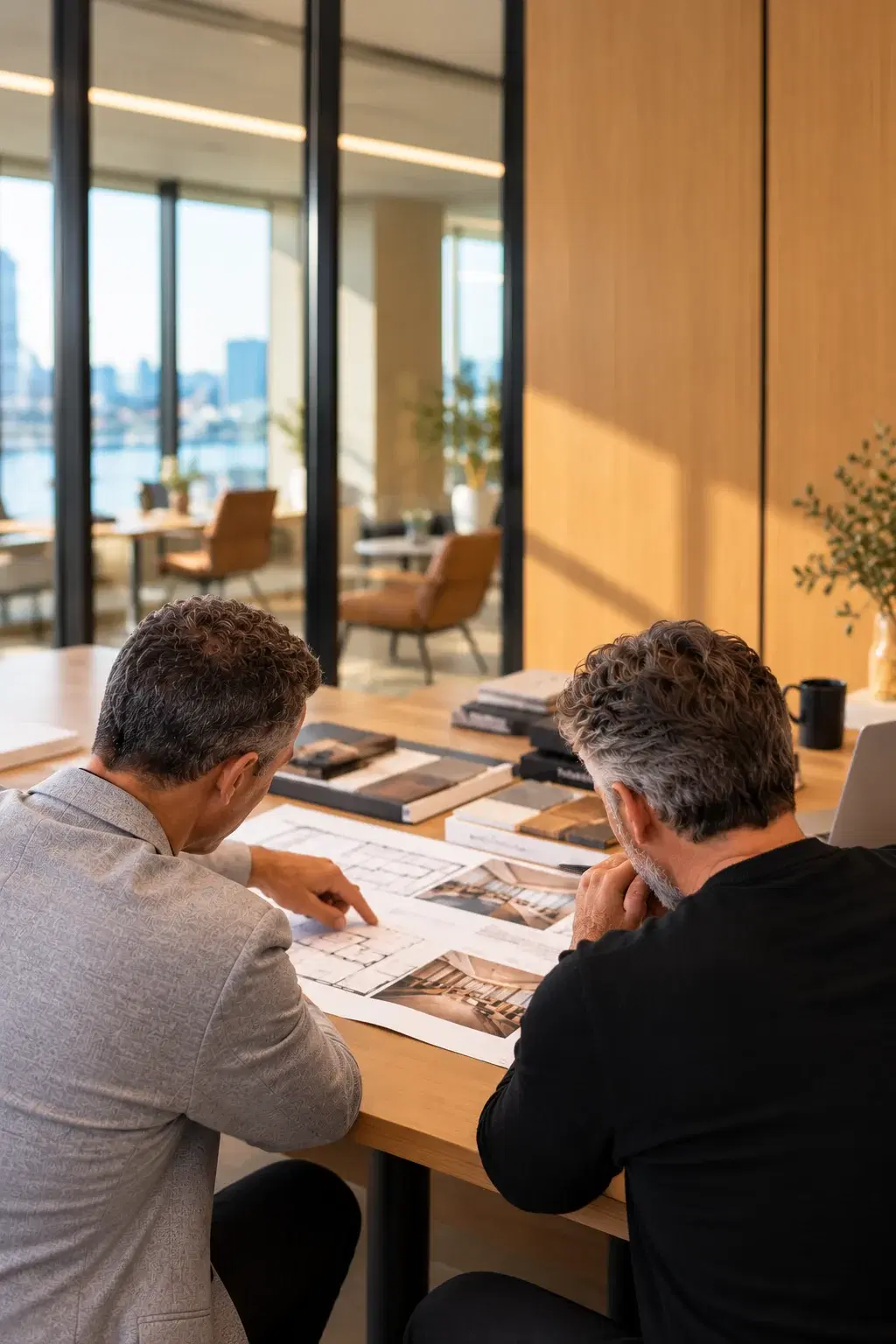 Two people reviewing workplace plans and material samples at a table