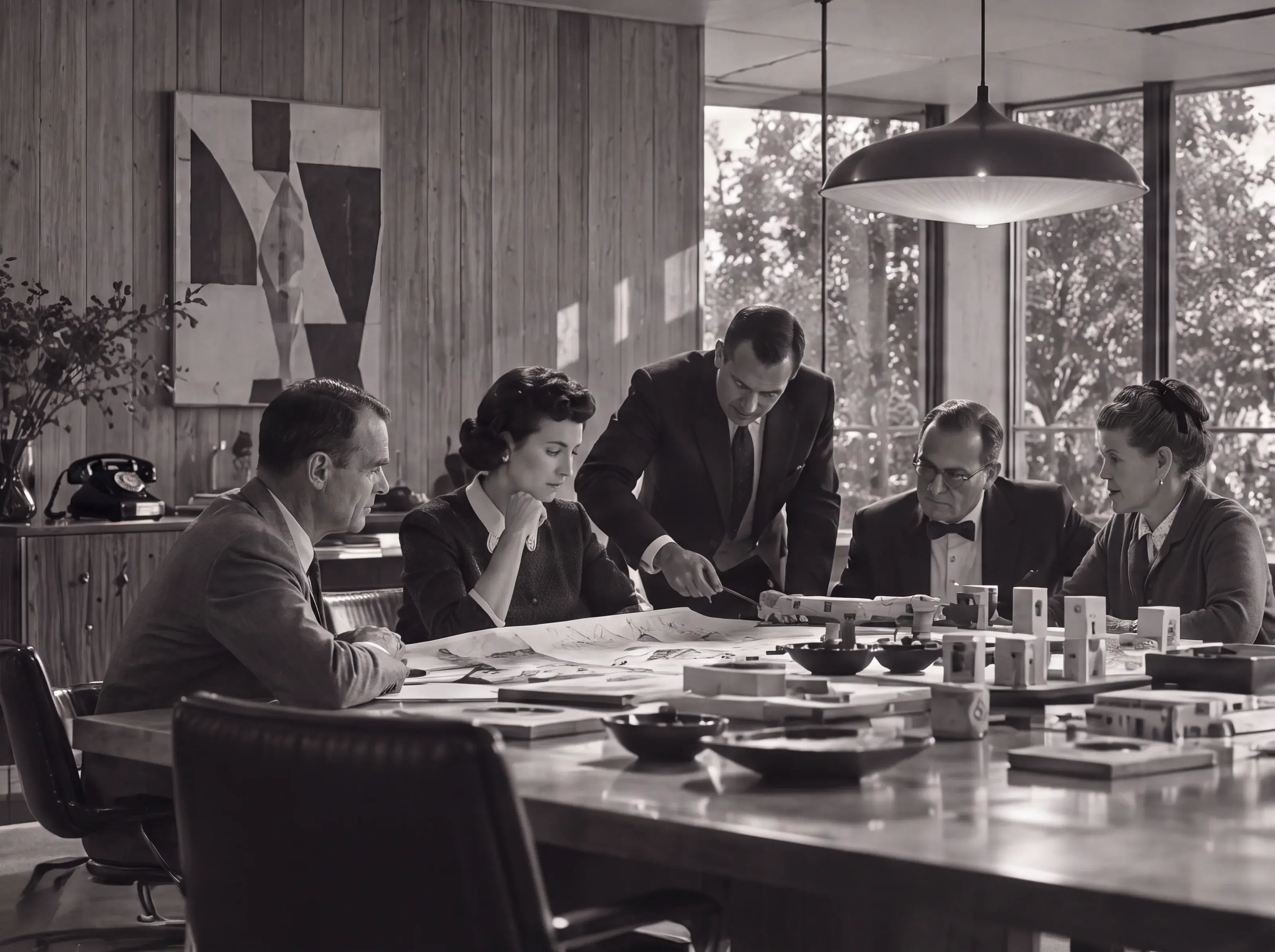 Black-and-white photograph of designers gathered around a working table